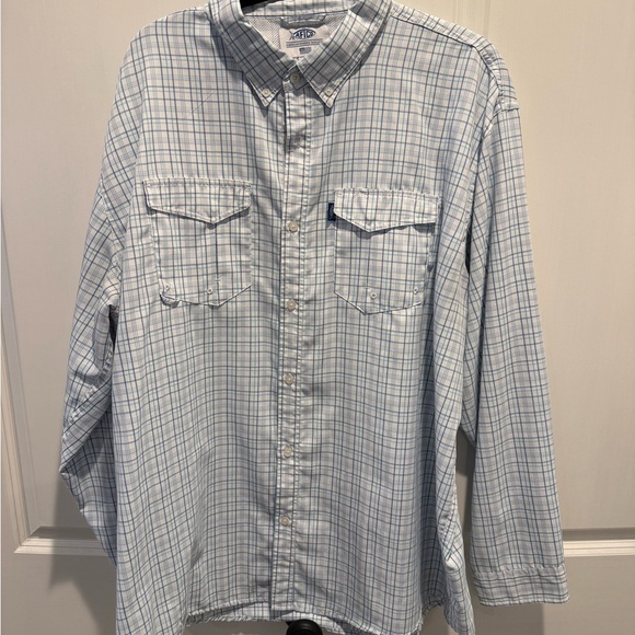 AFTCO Men's Light Blue Plaid Button Down Shirt - Picture 1 of 2